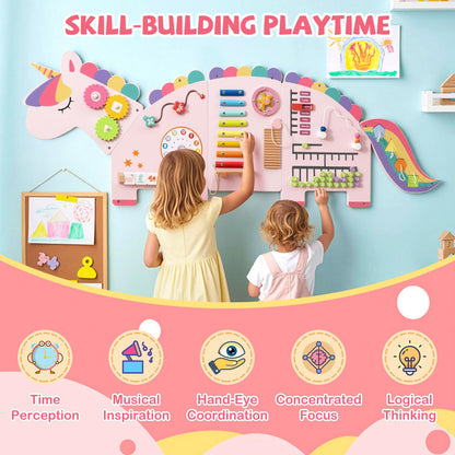 Costzon Activity Wall Busy Board, 11-in-1 Montessori Wooden Sensory Board Panels for Kids 3+, Wall-Mounted Toddler Learning Activity Center for Playroom, Daycare, Nursery, Classroom (Pink)