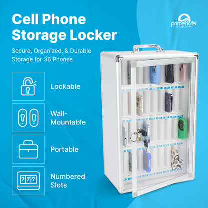 PRIMERIVER Cell Phone Locker for Classroom, Gym & Office | Secure Aluminum Storage Cabinet – 36 Slots | Portable & Wall-Mounted Organizer