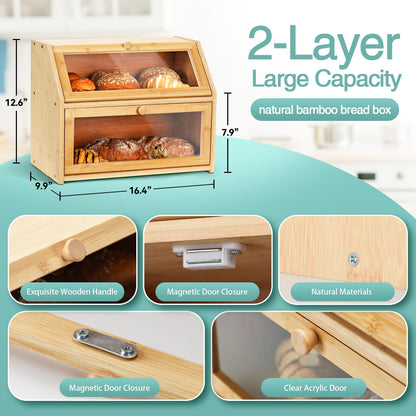 Wcatea Bread Box for Kitchen Countertop, Large Double Layer Bamboo Bread Storage Box with Clear Door, Includes 20 Bread Bags & Labels, Farmhouse Kitchen Storage Organizer (Natural Bamboo)