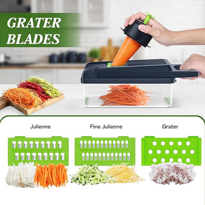 HomeHacks Vegetable Chopper Vegetable Cutter, 12 in 1 Kitchen Gadget, Dicer, Slicer, Onion Cutter, Salad, Cheese Grater & Egg Separator - Multi-Functional Veggie Chopper Lid with Handle (Green)