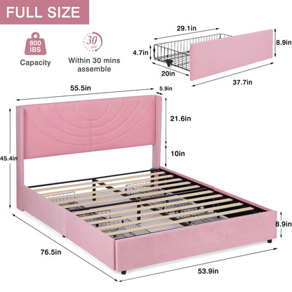 VECELO Upholstered Platform Full Bed Frame with 4 Storage Drawers & Wave Fabric Headboard,Wooden Slats Support/No Box Spring Needed/Mattress Foundation,Pink