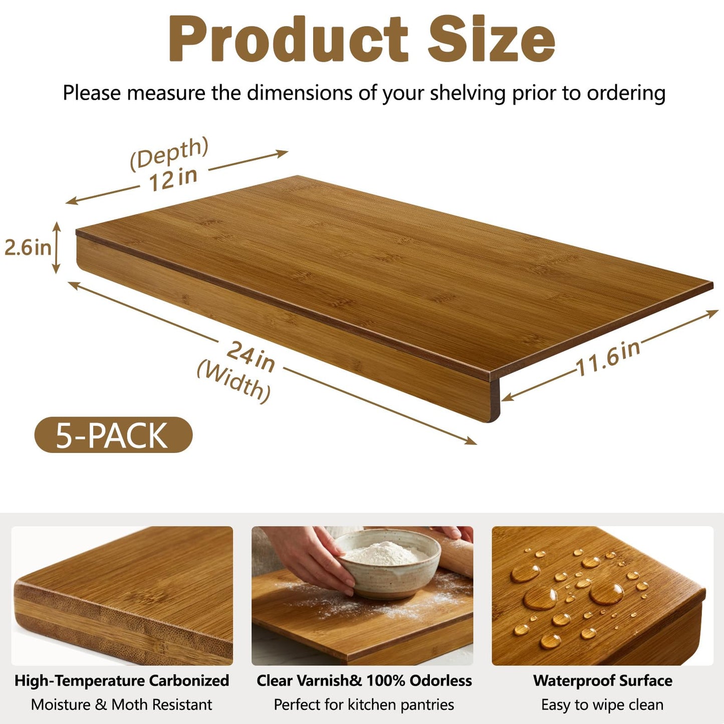 Fobyni Solid Carbonized Bamboo Wire Shelf Covers for Wire Shelving, Wire Rack Covers for Pantry Shelves, Tool-Free & Snap-On (5pcs, 24" W x 12" D)