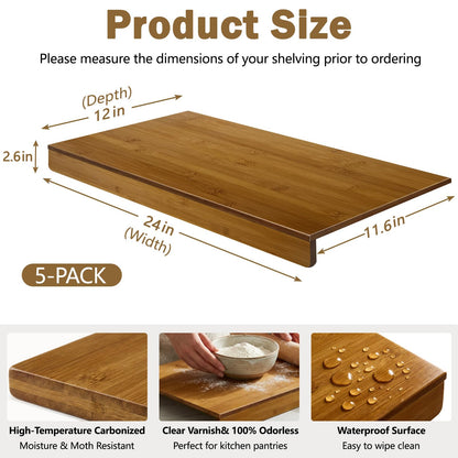 Fobyni Solid Carbonized Bamboo Wire Shelf Covers for Wire Shelving, Wire Rack Covers for Pantry Shelves, Tool-Free & Snap-On (5pcs, 24" W x 12" D)