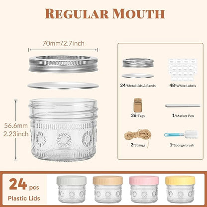 CycleMore 4 oz Glass Mason Jars – 24-Pack Small Canning Jars with Regular Mouth & Two Sets of Lids (24 Metal + 24 Plastic) – for Jam, Jelly, Spices, Overnight Oats, Wedding Favors