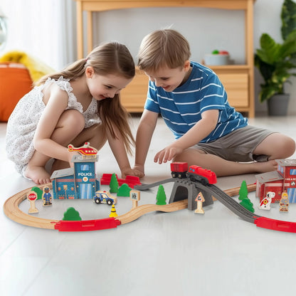 WoodenEdu Wooden Train Set for Toddler - 60 Pcs- with Wooden Tracks fits Thomas, fits Brio, fits Chuggington, fits Melissa and Doug - Expandable, Changeable-Train Toy for 3 4 5 Years Old Girls & Boys