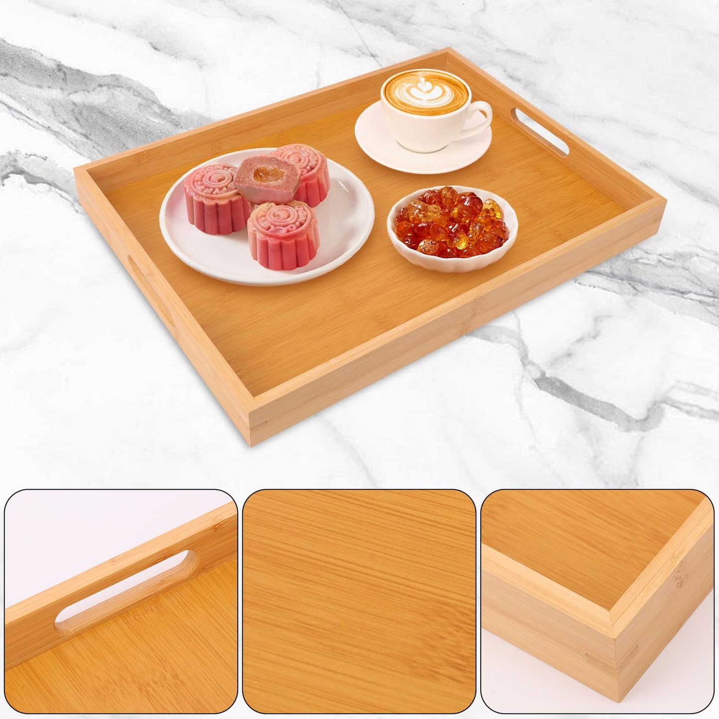 Geytetqi 4 Pack Large Bamboo Serving Tray with Handles - 16 x 11.6 Inch Wooden Dinner Tray, Home Kitchen Decorative Tray, Breakfast Trays for Eating on Couch, Lap Trays, Coffee, Kitchen, Picnic