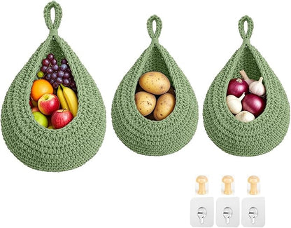 Halidali Hanging Fruit Baskets for Kitchen, 3 Pack Boho Cotton Rope Handwoven