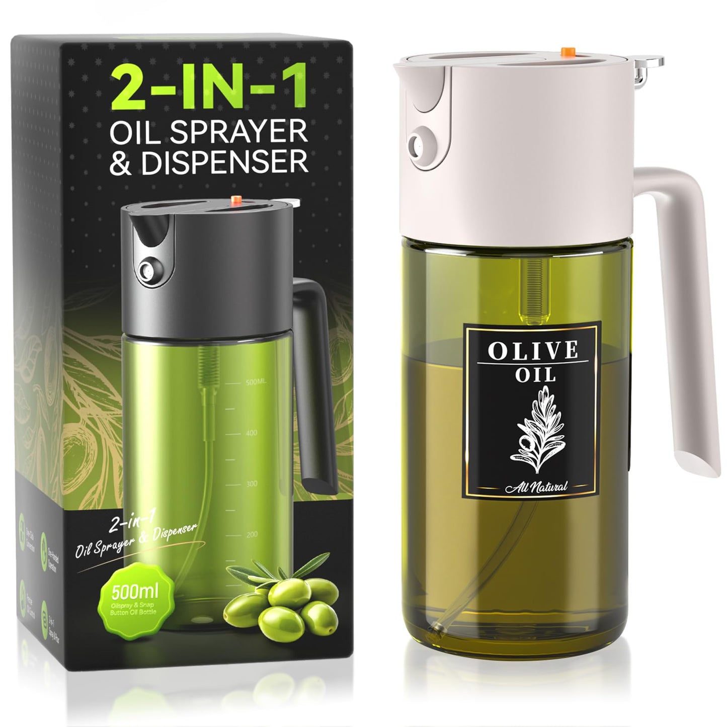 2-IN-1 500ml/17oz Light-Blocking Dark Oil Sprayer for Cooking with Sticker, Dark Green Glass Olive Oil Dispenser Bottle for Kitchen, Even Spray with Portion Control, Perfect for Air Fryer, BBQ - Black