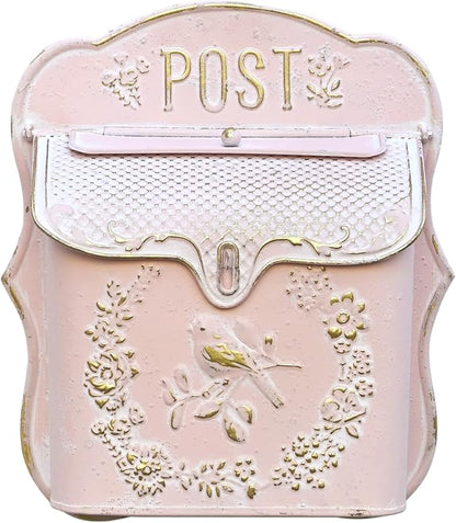 Mailbox Wall Mount Mailboxes for Outside Vintage Mail Boxes for House Outside Metal Drop Box Antique Style Nostalgic Charm Home Decorative, Bird Pattern, Pink