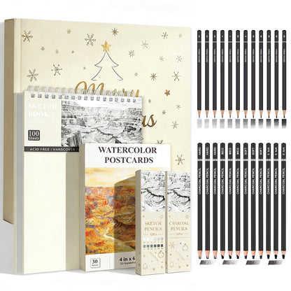 SuFly Sketch Pad and Pencil Set for Kids Ages 8-12 | Complete Sketch Set with 9x12 Sketchpad, Watercolor Postcards & Pencils (Graphite and Charcoal), Sketch Pads for Drawing for Adults & Art Supplies.
