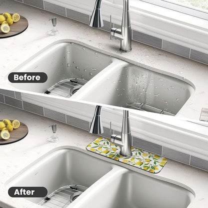 Yellow Lemon Teal Kitchen Sink Splash Guard Faucet Mat 1 Pcs, Absorbent Fast