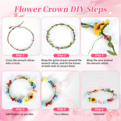 25 Sets DIY Flower Crowns Making Kit, 263 Pcs 10 Different Flowers, Make Your Own Flower Crown Headband Making Kit, Can Make 20 Flower Wreaths and 5 Bracelets for Women Birthday Party Gifts Decor