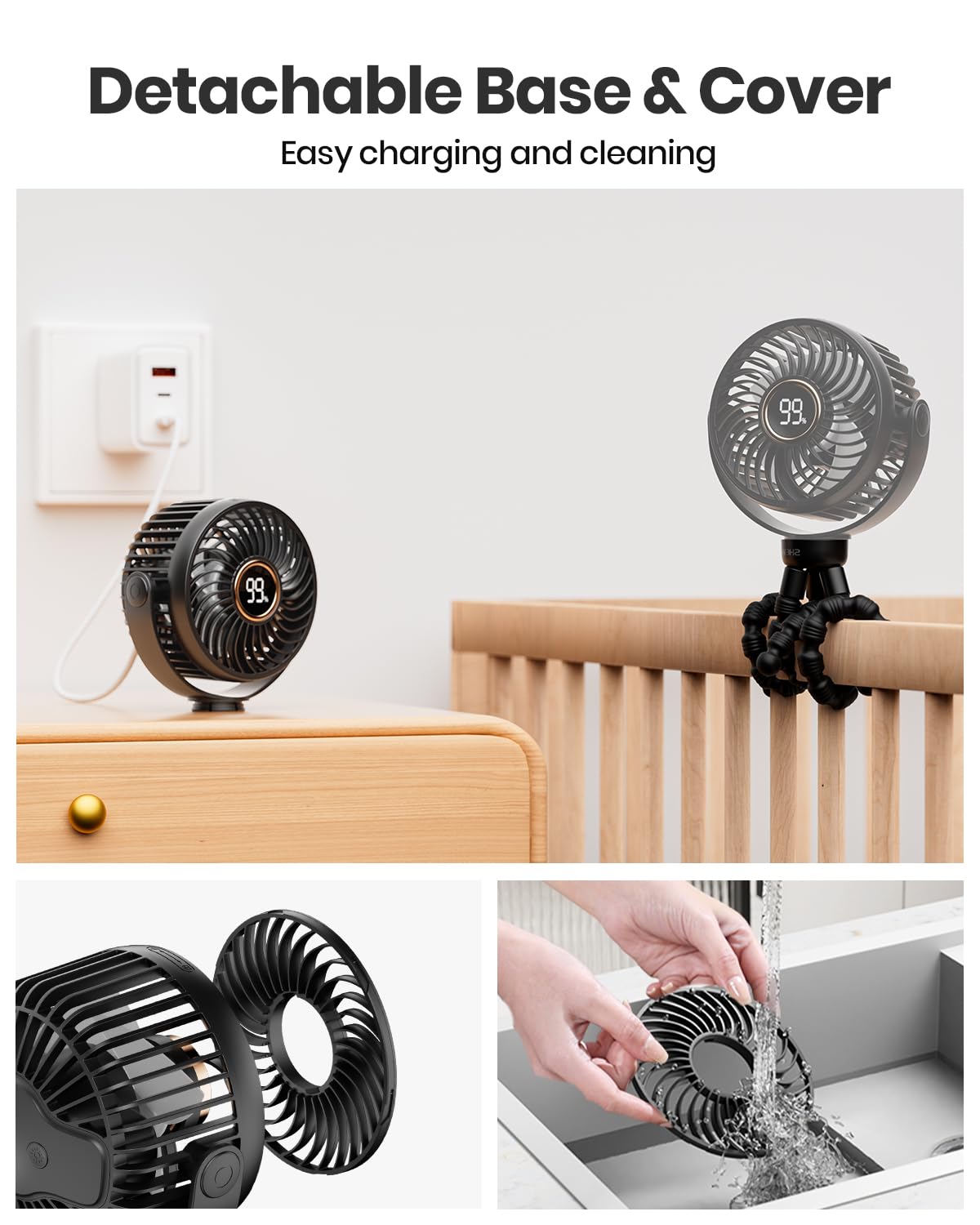 SHEWIND Stroller fan, 4000mAh Portable Battery Operated Smal Clip on Fan, 4 Speed Rechargeable Mini Personal Cooling, Travel for Baby Car Seat Crib (Black)