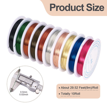 Pandahall 10Rolls Gauge 24 Copper Wire Jewelry Beading Craft Wrapping Making Mixed Color 0.5mm 9m/roll