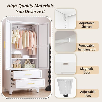 Metal Wardrobe Storage Cabinet with Mirror and Hanging Rod,71'' Metal Clothing Cabinet with 2 Doors and 2 Drawers and Adjustable Shelves for Bedroom, Laundry Room, Cloak Room (White)
