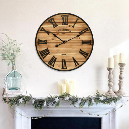 24 Inch Farmhouse Wall Clock - Antique Rustic Wood Finish, Silent Battery-Operated Timepiece with Stylish Decor for Home, Office, Kitchen, Bedroom & Living Room