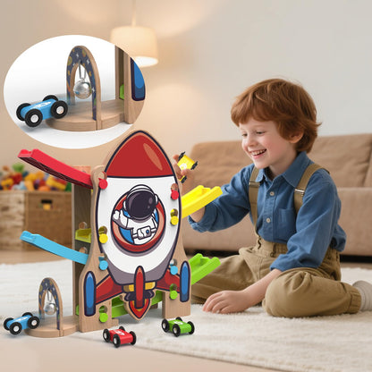 Letoiz Wooden Race Track for Toddlers 2-4, Rocket-Themed Car Ramp Racer Toy with 4 Cars, Bell Sound Zigzag Playset, Fine Motor Skills, Birthday for Boys and Girls