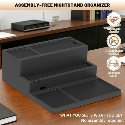 Valet Tray, Nightstand Organizer with Charging Station, Assembly-Free 3 Layer Wood Valet Tray for Men, Phone Docking Station with USB Ports for Watch, Jewelry & Accessories, Nice Gift (Classic Black)