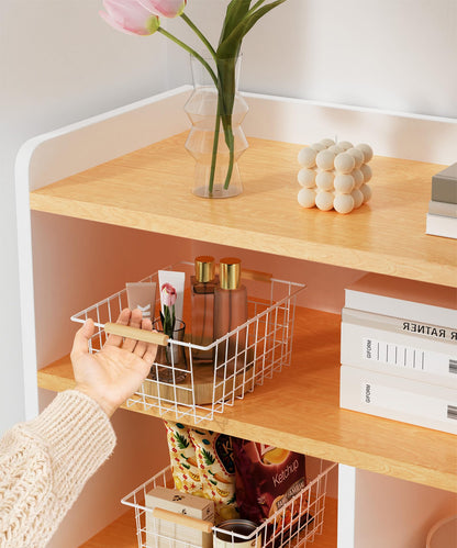 Wire Basket with Wooden Handle, Metal Utility Storage Basket for Organizing Kitchen Pantry Cabinets, Closet and Garage Shelves Drawers, Office Metal Basket Storage Organizer with Handle (White 2 Pack)