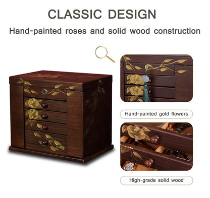 Xloverise Wooden Jewelry Box for Women, 5-Layer Large Wood Jewelry Boxes & Organizer with Drawers for Rings Necklaces,Hand-painted rose flowers jewelry case organizer,jewelry safe