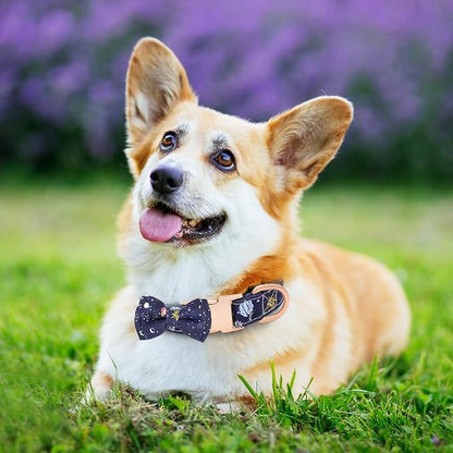 Dog Collar and Leash Set Adjustable Girls Puppy Floral Collars with Bow Tie for Small Medium Large Dogs(S, Blue Planet)