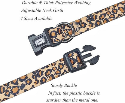 Dog Collar Leash Set, Leopard Pattern, Polyester Material, Adjustable Collar and 5ft Matching Leash, for Medium Dogs.(M, Brown Leopard)