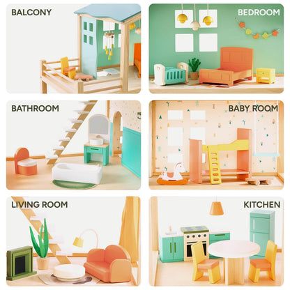 Giant bean Large Wooden Dollhouse with 32 Pcs Furniture Accessories, 3-Story Doll House 5 Rooms Balcony Wooden Stairs, Ideal Dollhouse Toy for Kids Ages 3+, 30" H x 28" L x 13" W