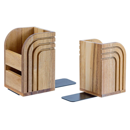 MyGift Premium Acacia Solid Wood Bookends and Pencil Holders with Modern Etched Arch Design, Office Desk Book Ends with Natural Wooden Art Deco Pen Cups, 1 Pair