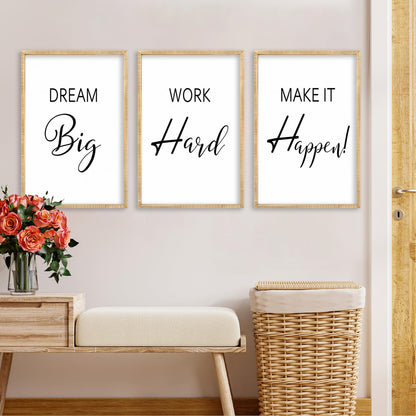Motivational Positive Sign Wall Decor 11x16 Inch Office Set Of 3 Wood Framed Large Inspirational Quotes Living Room Home Wall Art Dream Big Work Hard Make it Happen women Hanging (Wood)