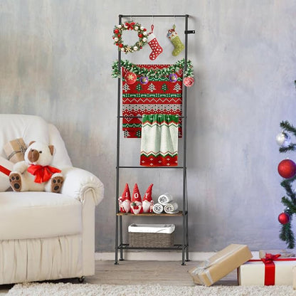 Blanket Ladder, 6-Tier Towel Holder with Shelf, Blanket Rack Freestanding, Ladder Shelf with Hooks for Towels Clothes Scarves, Standing Towel Rack for Bathroom Living Room Bedroom, Brown