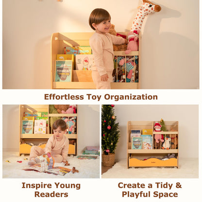 Zoolino 3-in-1 Kids Bookshelf and Toy Storage Organizer, Wooden Book Shelf for Kids Rooms with Large Stuffed Animal Storage & Removable Bins, Space-Saving Nursery Furniture for Toddlers, Natural