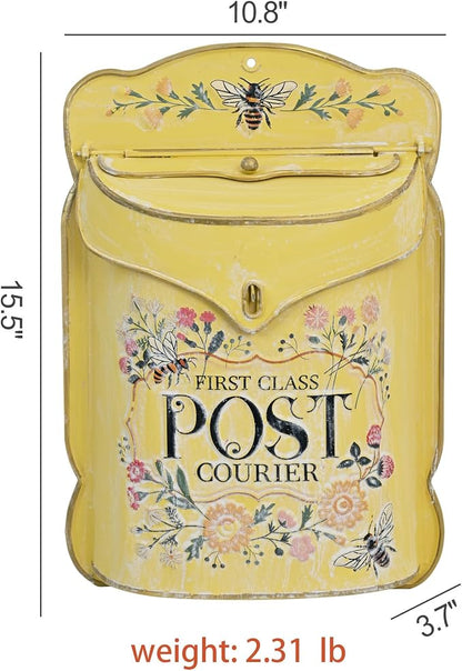 Wall Mount Mailbox for Outside Vintage Mail Boxes for House Outside Metal Door Mailbox Drop Box Antique Style Nostalgic Charm Home Decorative, Flower Pattern, Yellow