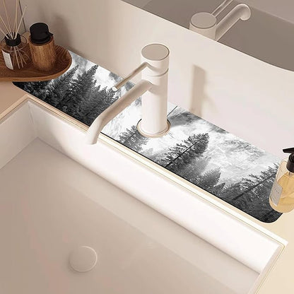 Winter Forest Mountain Sink Faucet Absorbing Mat Sink Splash Guard Faucet Mat