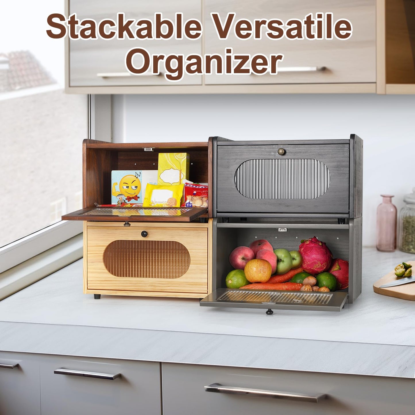 Sunhoo Bread Box for Kitchen Countertop Storage Wooden Breadbox Holder Container Morden Rustic Fresh Bread Keeper Farmhouse Stackable Organizer Bin for Homemade Food Shelf Acrylic Window (Brown)