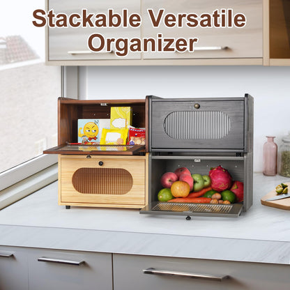 Sunhoo Bread Box for Kitchen Countertop Storage Wooden Breadbox Holder Container Morden Rustic Fresh Bread Keeper Farmhouse Stackable Organizer Bin for Homemade Food Shelf Acrylic Window (Brown)