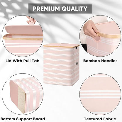 BALEINE Laundry Hamper with Lid, Tall Laundry Baskets with Bamboo Pull Handles