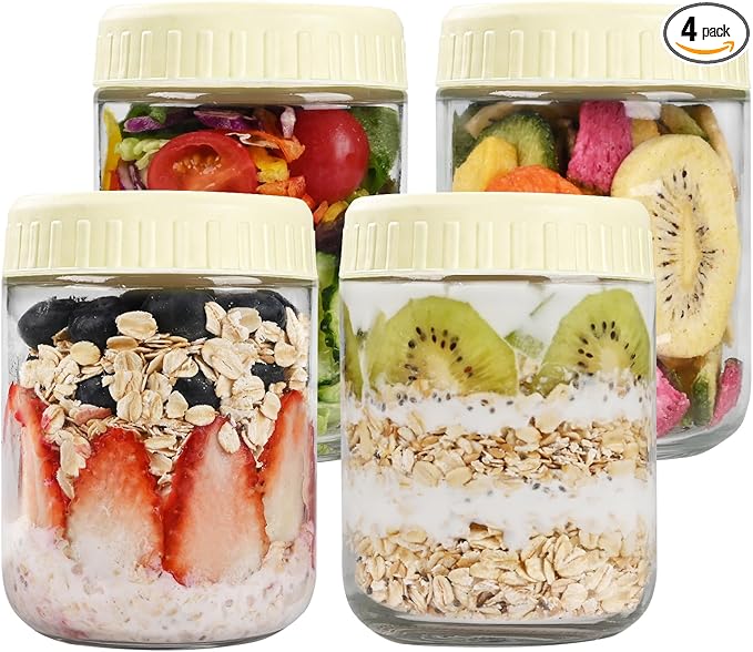 SHOWIN Overnight Oats Containers with Lids, 16oz Glass Jars with Lids 4 pcs, Milk White, Wide Mouth Mason jars for Salad, Yogurt, Snacks, Meal Prep