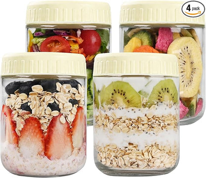 SHOWIN Overnight Oats Containers with Lids, 16oz Glass Jars with Lids 4 pcs, Milk White, Wide Mouth Mason jars for Salad, Yogurt, Snacks, Meal Prep