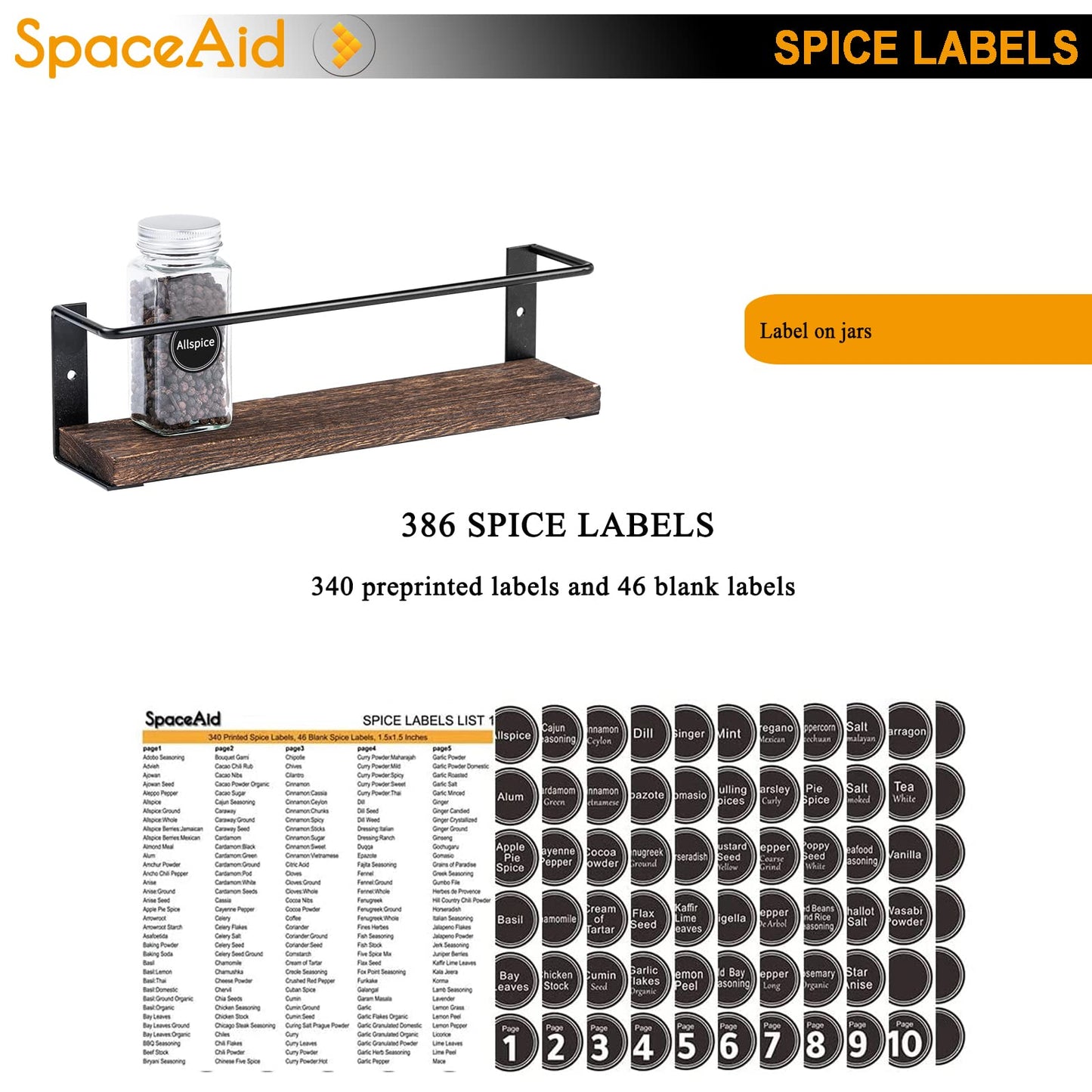 SpaceAid Spice Rack Organizer for Cabinet Door or Wall Mount (4 Pack) with 415 Spice Labels - Wood Hanging Seasoning Shelf for Cupboard Pantry or over the Stove