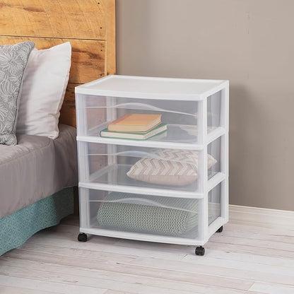 Sterilite 4 Pack Wide 3 Drawer Storage Cart, Plastic Organizer with Wheels, White - Multipurpose Bin for Clothes, Accessories, or Home Accessories