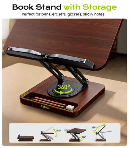 Book Stand for Reading, 360° Rotating Hands Free Book Holder with Storage, Adjustable Height & Ergonomic Cookbook Stand, Elastic Page Clips for Recipe Laptop Tablet, Foldable for Kitchen Office School