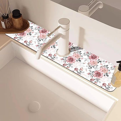 Pink Rose Floral Kitchen Sink Splash Guard Mat Absorbent Fast Drying Mat Faucet