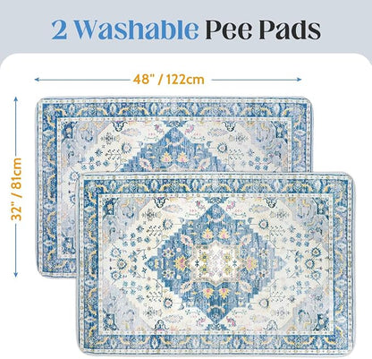 Washable Pee Pads for Dogs, 2 Pack Reusable Puppy Training Pads 48"x32" Super Absorbent Waterproof Dog Training Pads, Non-Slip Potty Pads, Whelping Pads Litter Mat Blue Medallion