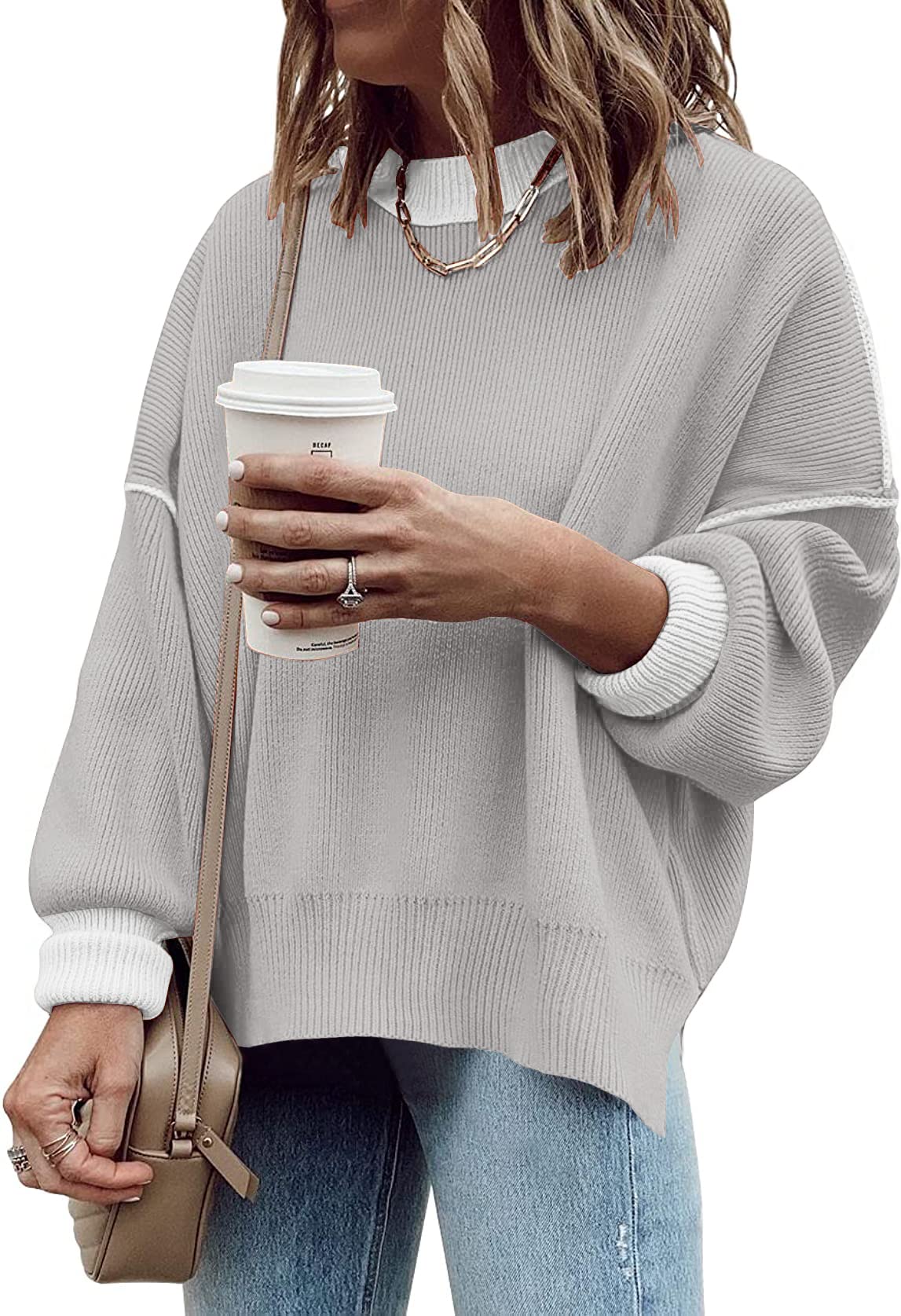 ETCYY Womens Oversized Sweaters Fall 2025 Fashion Clothes Trendy Batwing Sleeve Colorblock Striped Knit Pullover Tops