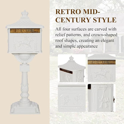 Mailbox, Heavy Duty Cast Aluminum Postal Box, Mail Box with 2 Keys for Courtyard Villa Decoration - White