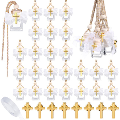 Afarnook 30 Set Holy Water Bottles Baptism Favors for Guest 8ml Mini Catholic Christian Holy Water Container with Cross Pin and Ribbon for Church Baptism Communion Christian Gift(White,Square)