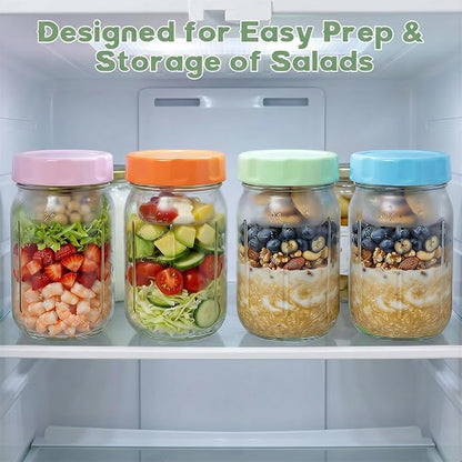 Salad Jars with Lids Meal Prep Containers Glass - 32oz Leakproof Mason Jars Salad Containers with Dressing Cup for Lunch Bentgo, Full Meal Salads Lunch Containers with Spoon Forks for Adults