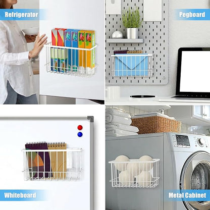 NiHome Magnetic Metal Basket Organizers, Dryer Ball Holder, 2PCS Medium & Small, Versatile Storage for Kitchen & Office Holds Up to 14 lbs, Easy Attach to Refrigerator or Any Magnetic Surface (White)
