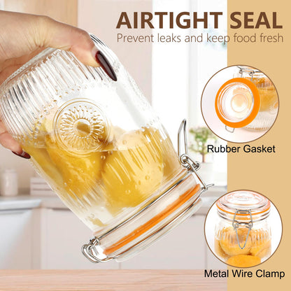 HAYHOI 32oz Mason Jars with Airtight Lids, 6 Pack Wide Mouth Canning Jars with Clamp Lid, Quart Glass Canisters for Kitchen Storage, Pickling, Coffee, Cereal, Sugar, Flour, Beans