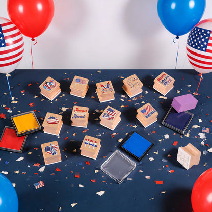 HOWAF USA Patriotic Wooden Rubber Stamps Set, 12pcs 4th of July Stamps Ink Pads for Independence Day DIY Crafts, 250 Years of Freedom Party Favors American Flag Inking Stamp Rubber Stamp